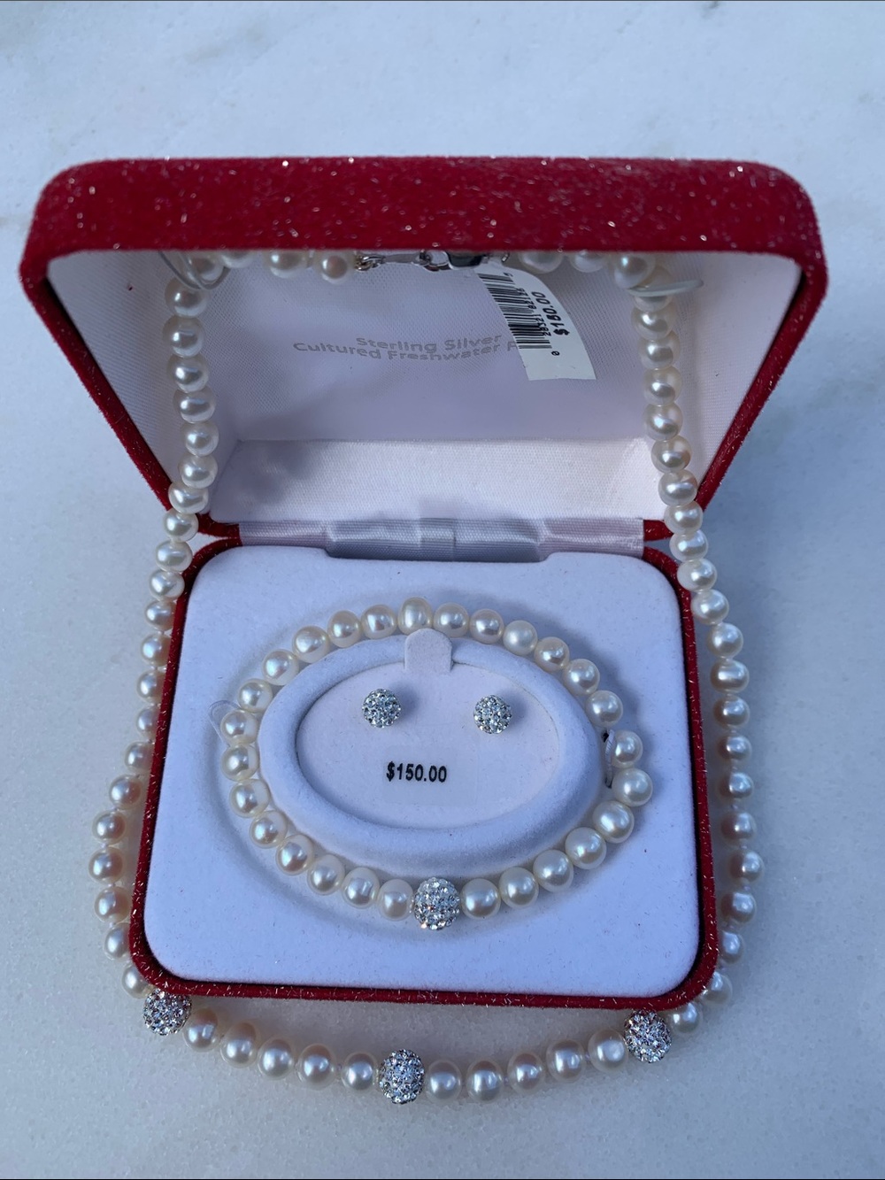 Cultured Freshwater Pearl/Crystal Sphere Necklace, Bracelet, Earrings Set